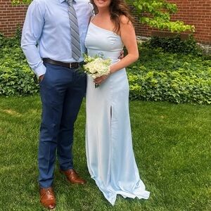 Light Blue One-Shoulder Dress Bridesmaid - Kensie Matte Satin Dress - Mist Blue